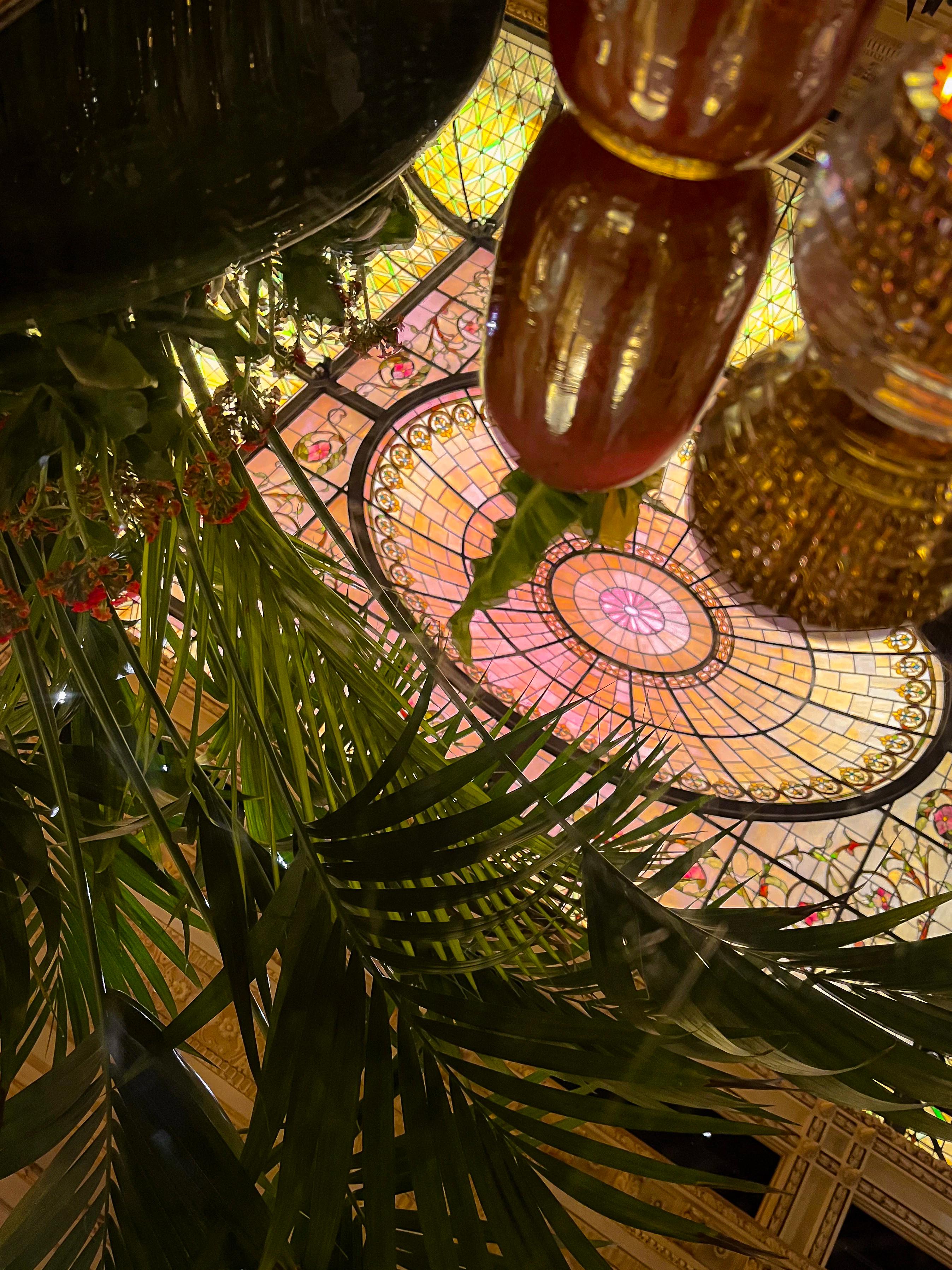 The stained glass ceiling of the Palm Court. Photo courtesy of Taylor Bennett.